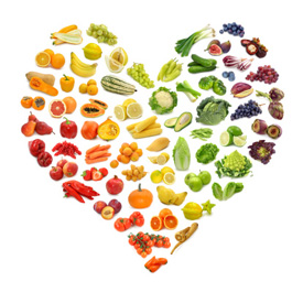 Fruits and vegetables arranged in a heart shape